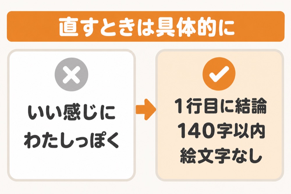 直すときは具体的に:いい感じに・わたしっぽく ではなく 1行目に結論・140字以内・絵文字なし